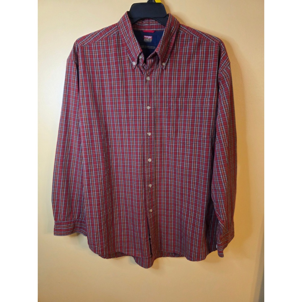 Wrangler Jeans Mens Cool River Cotton Red Plaid Button Down Shirt Large HA31468